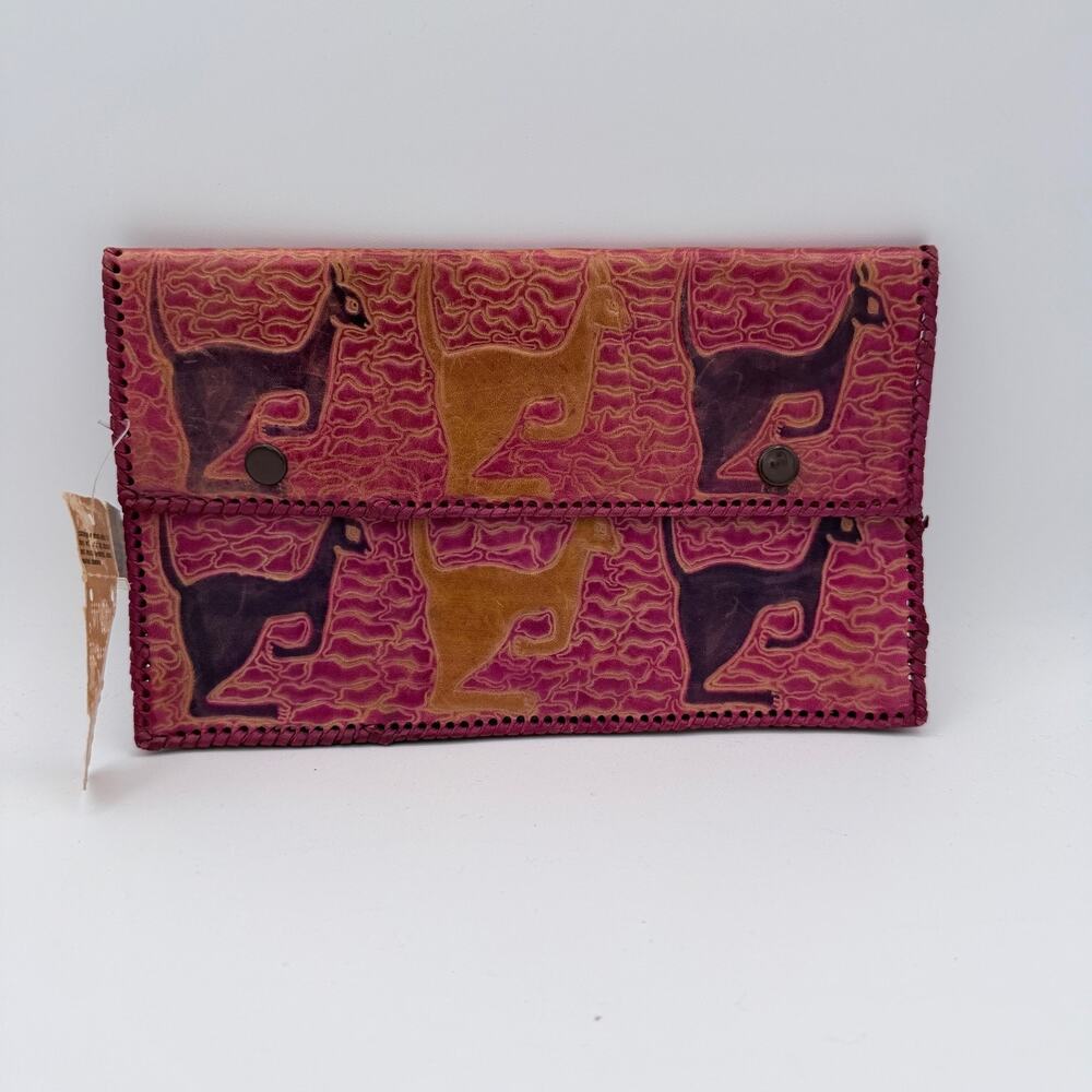 Vintage Hand Made Leather Wallet Clutch Pink Cat Design India